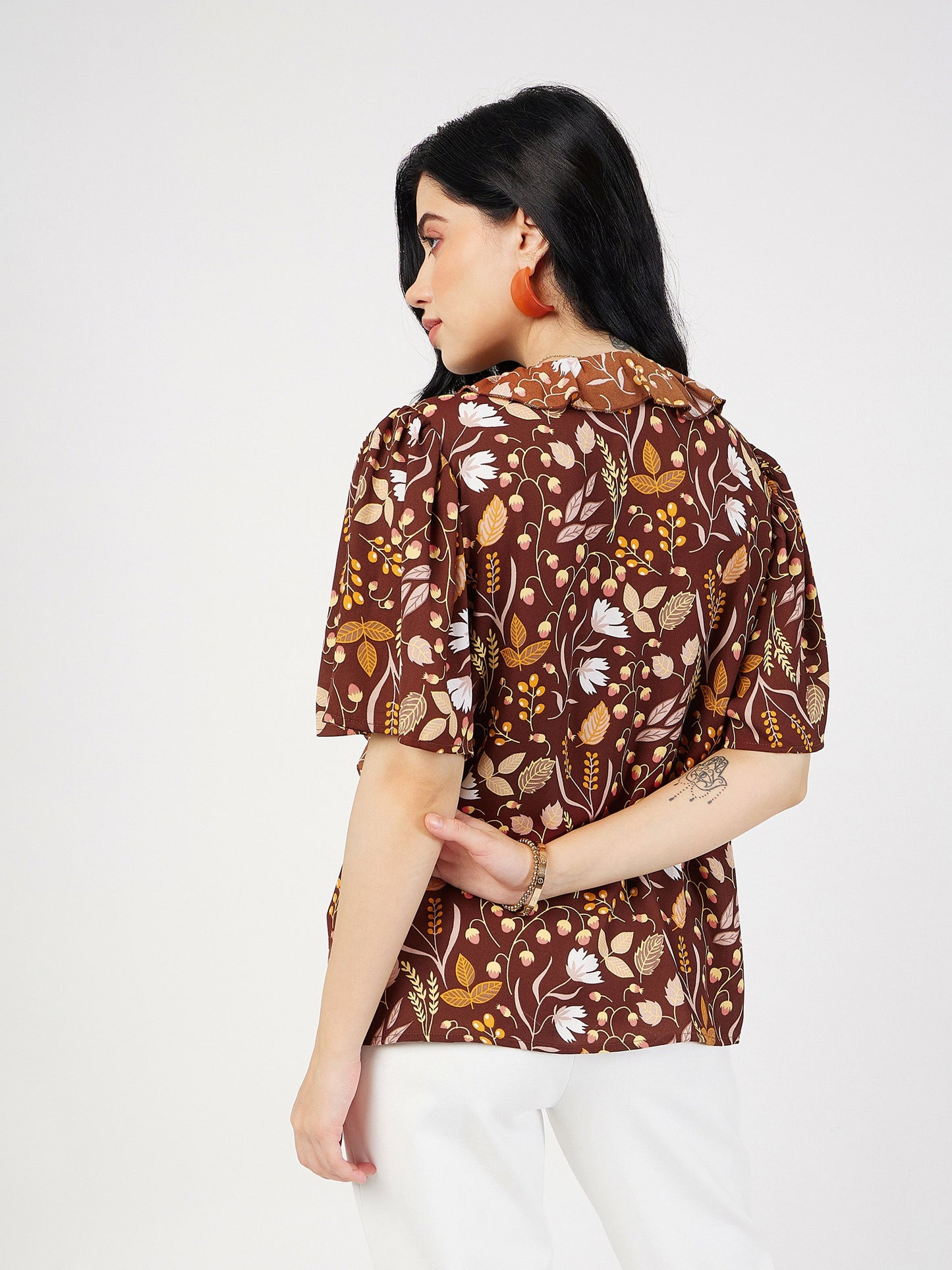 Brown Floral Front Tie-Neck Ruffle Top