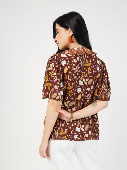 Brown Floral Front Tie-Neck Ruffle Top