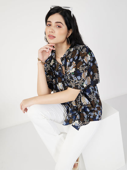 Navy Floral Front Tie-Neck Ruffle Top