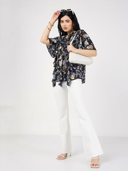 Navy Floral Front Tie-Neck Ruffle Top