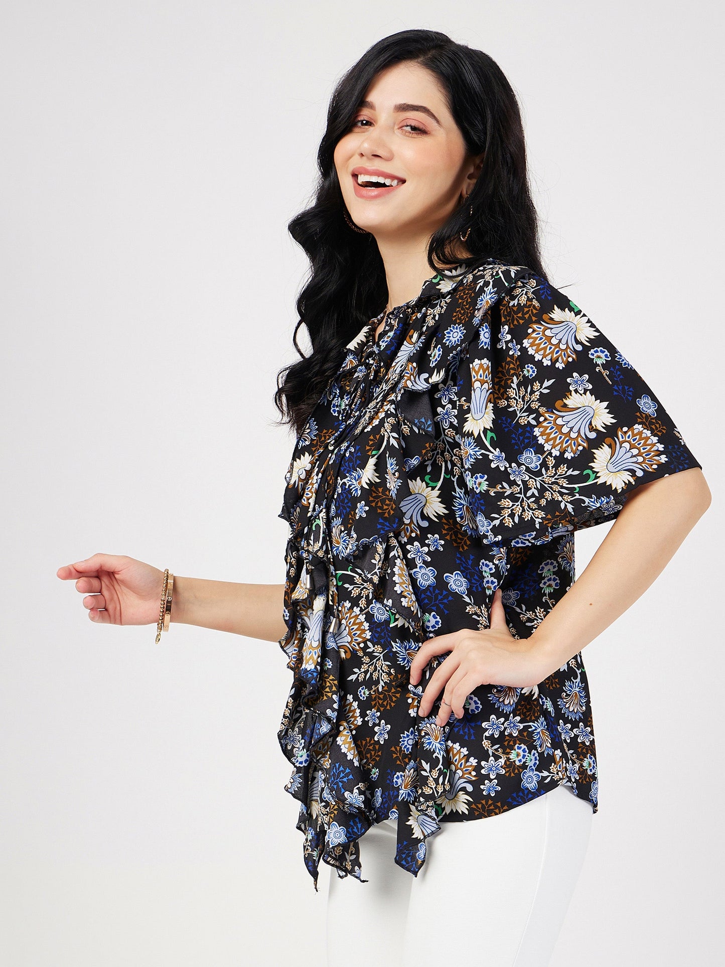 Navy Floral Front Tie-Neck Ruffle Top