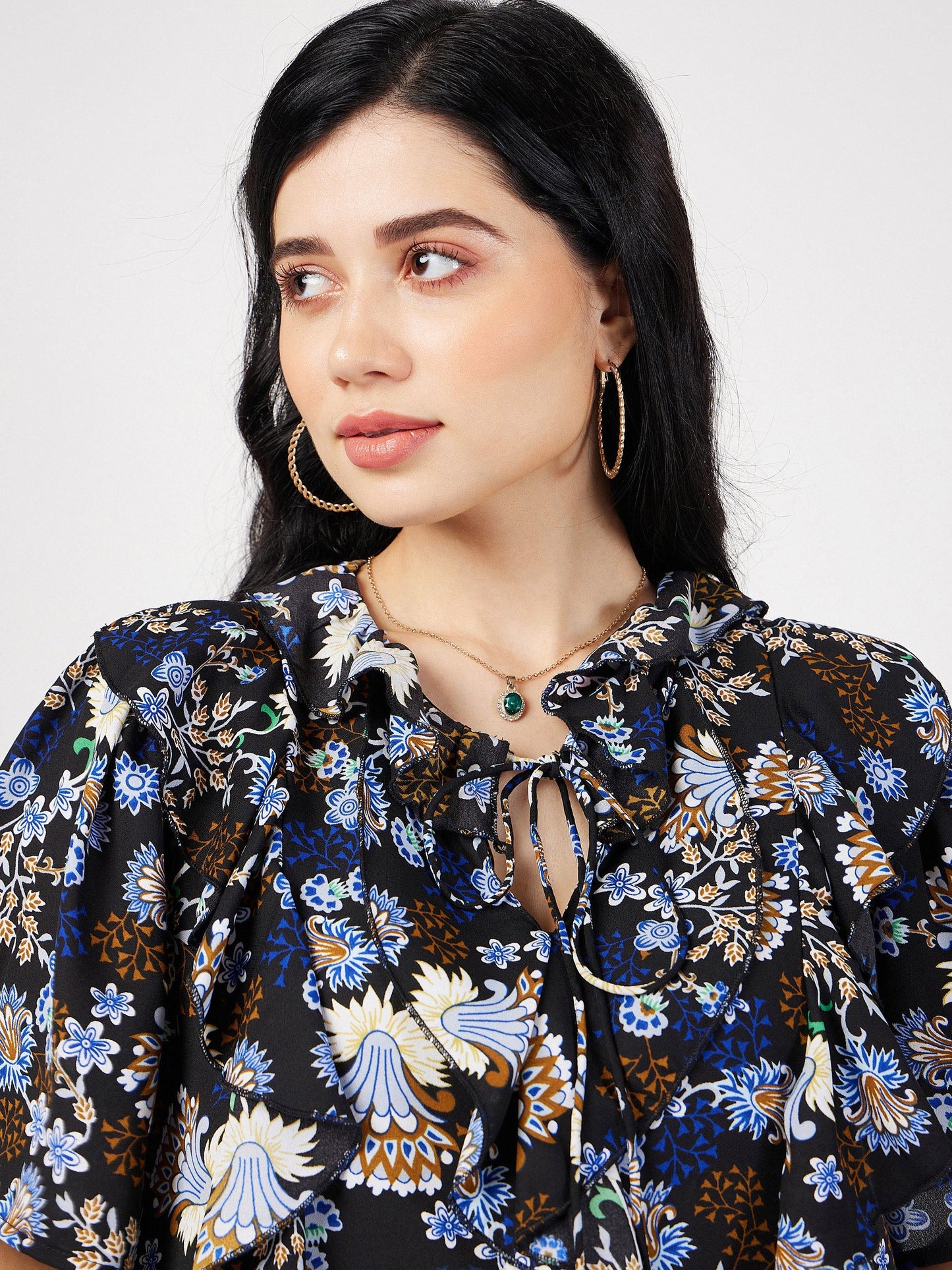 Navy Floral Front Tie-Neck Ruffle Top