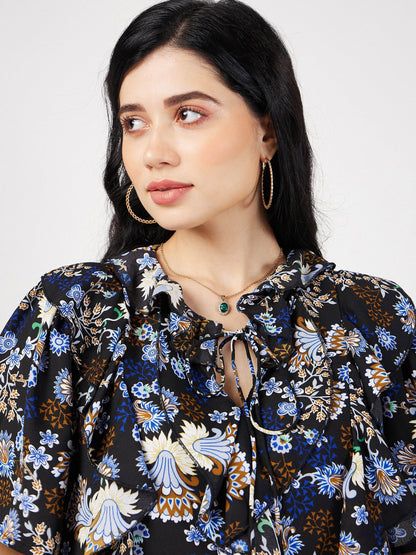 Navy Floral Front Tie-Neck Ruffle Top