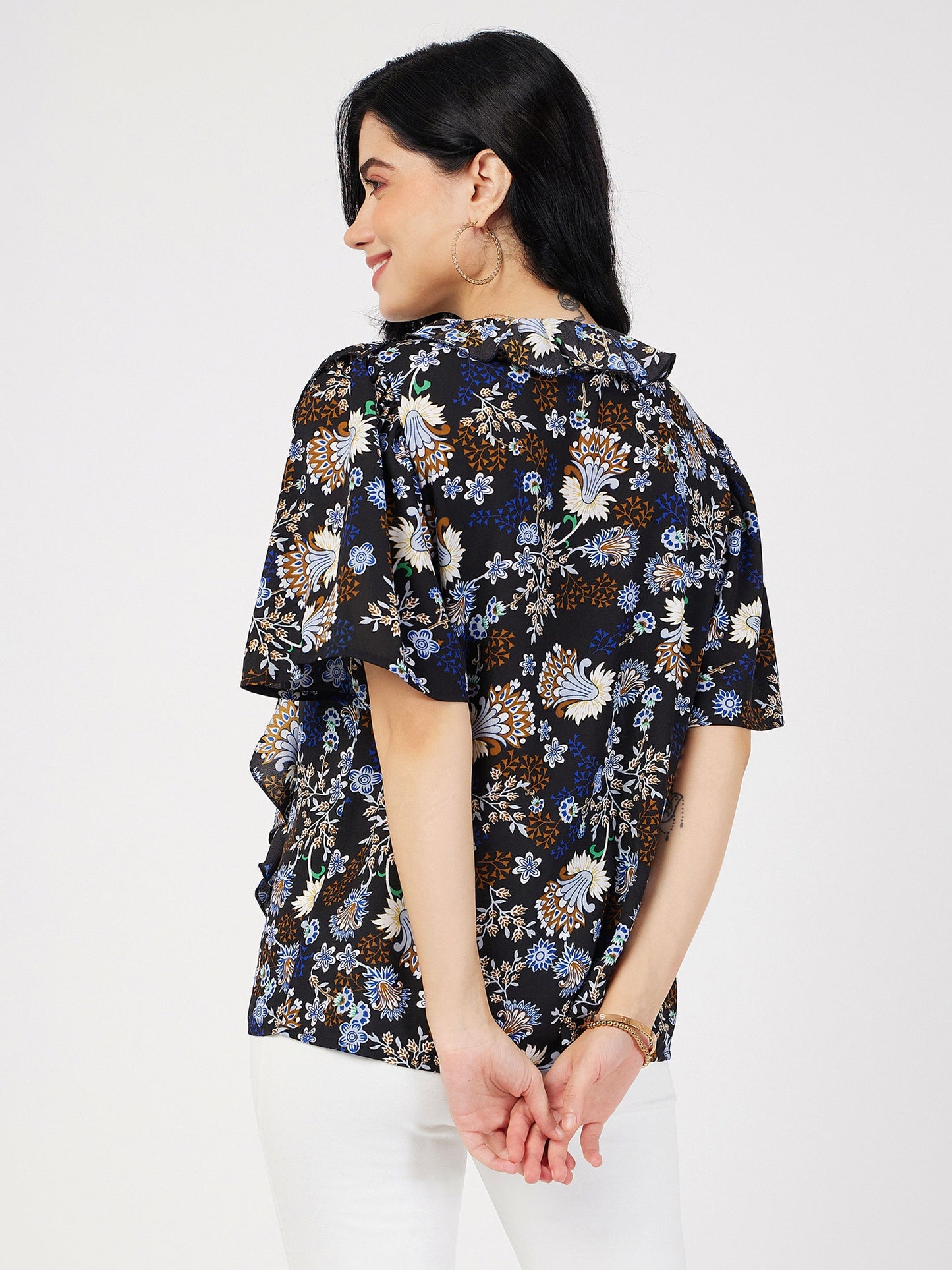 Navy Floral Front Tie-Neck Ruffle Top