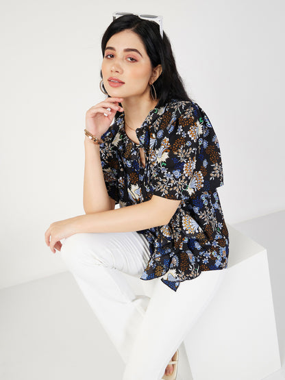 Navy Floral Front Tie-Neck Ruffle Top
