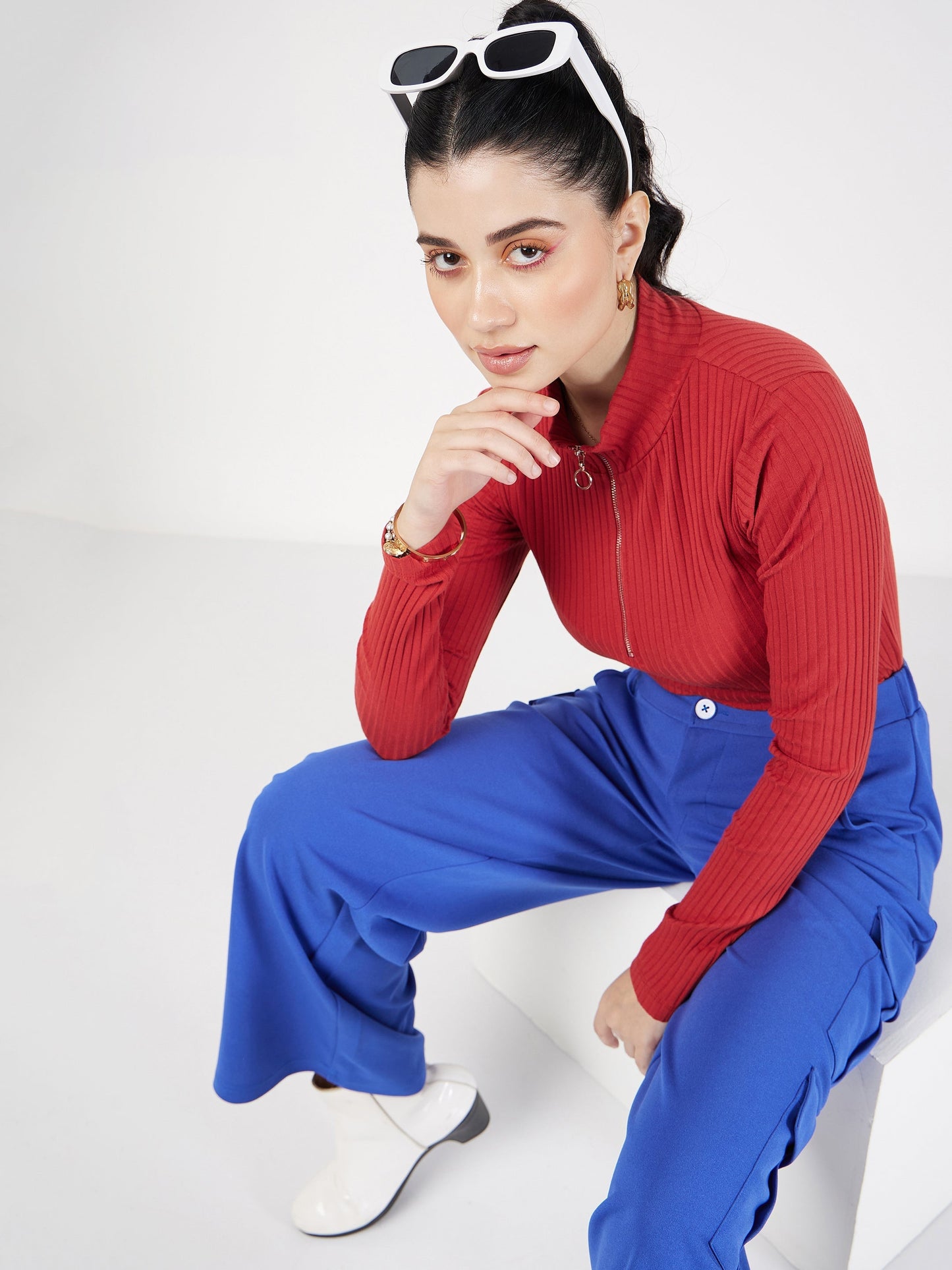 Rust Rib Front Zipper Full Sleeves Top