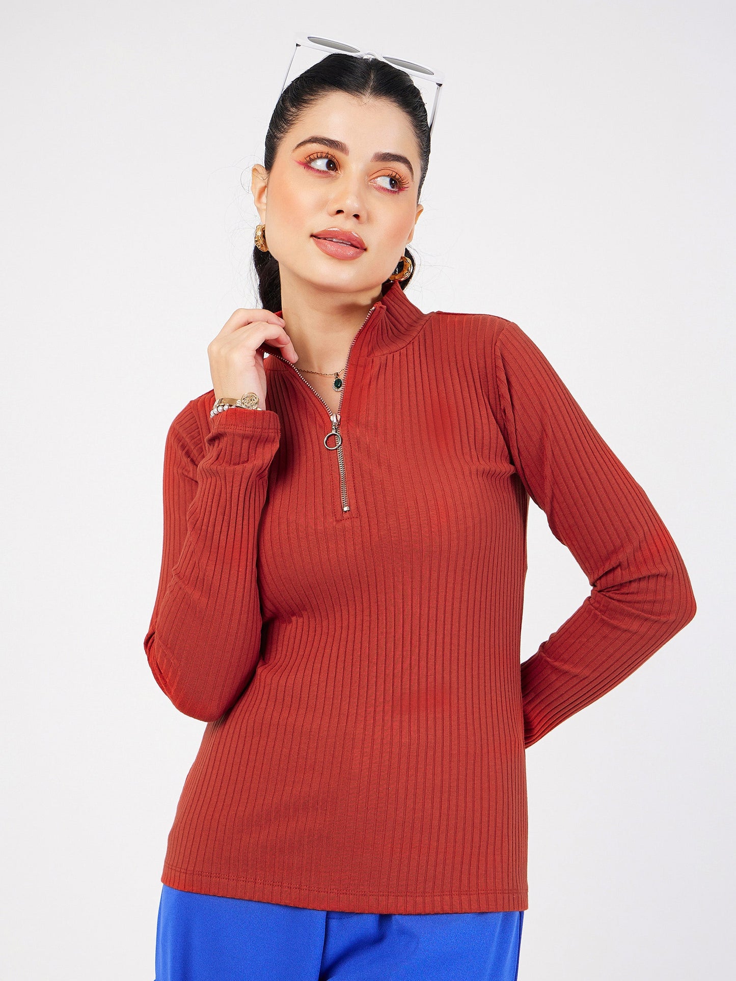 Rust Rib Front Zipper Full Sleeves Top