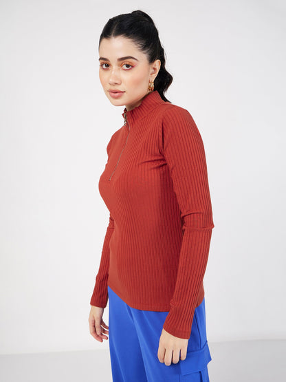 Rust Rib Front Zipper Full Sleeves Top