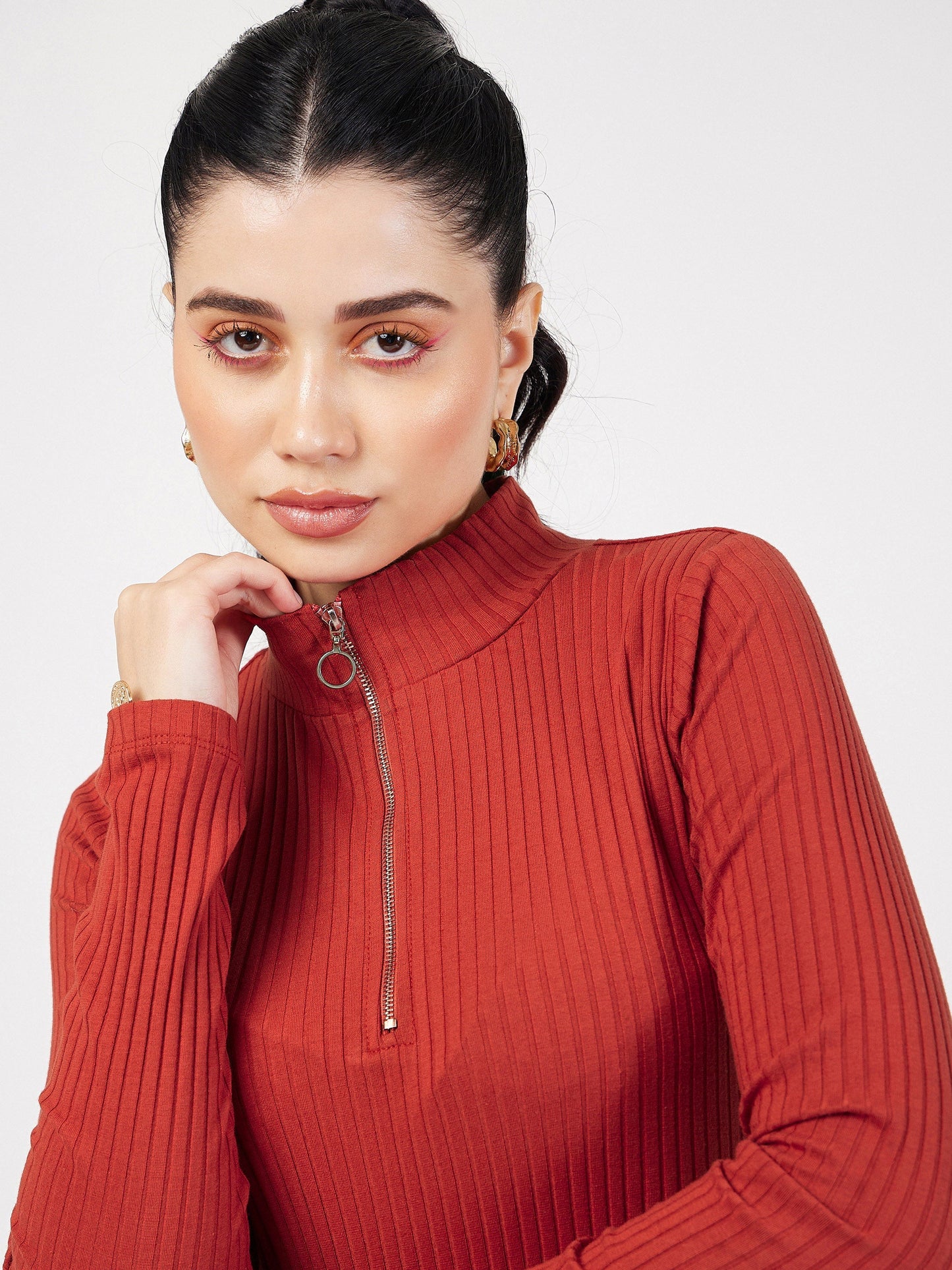 Rust Rib Front Zipper Full Sleeves Top