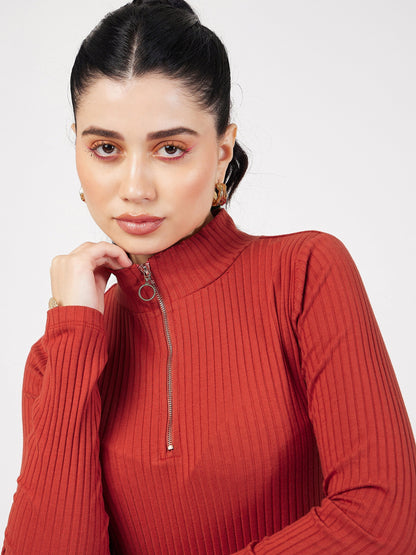 Rust Rib Front Zipper Full Sleeves Top