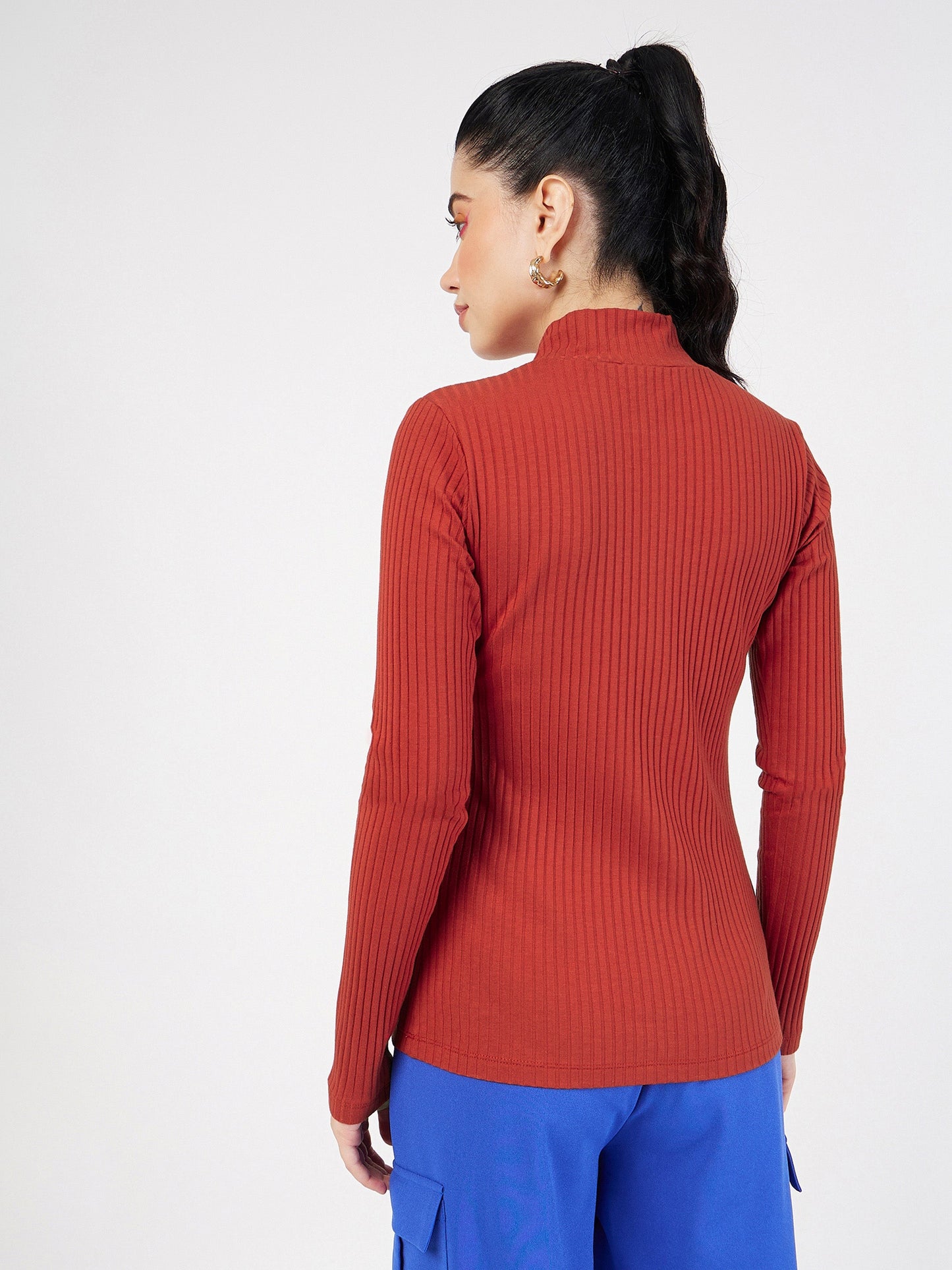 Rust Rib Front Zipper Full Sleeves Top