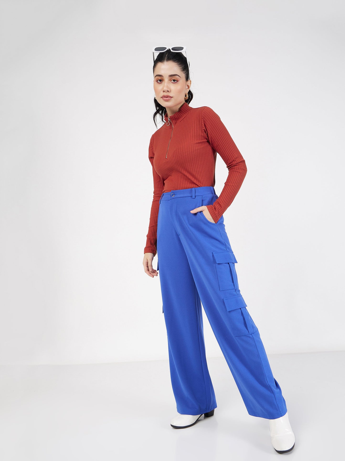 Rust Rib Front Zipper Full Sleeves Top