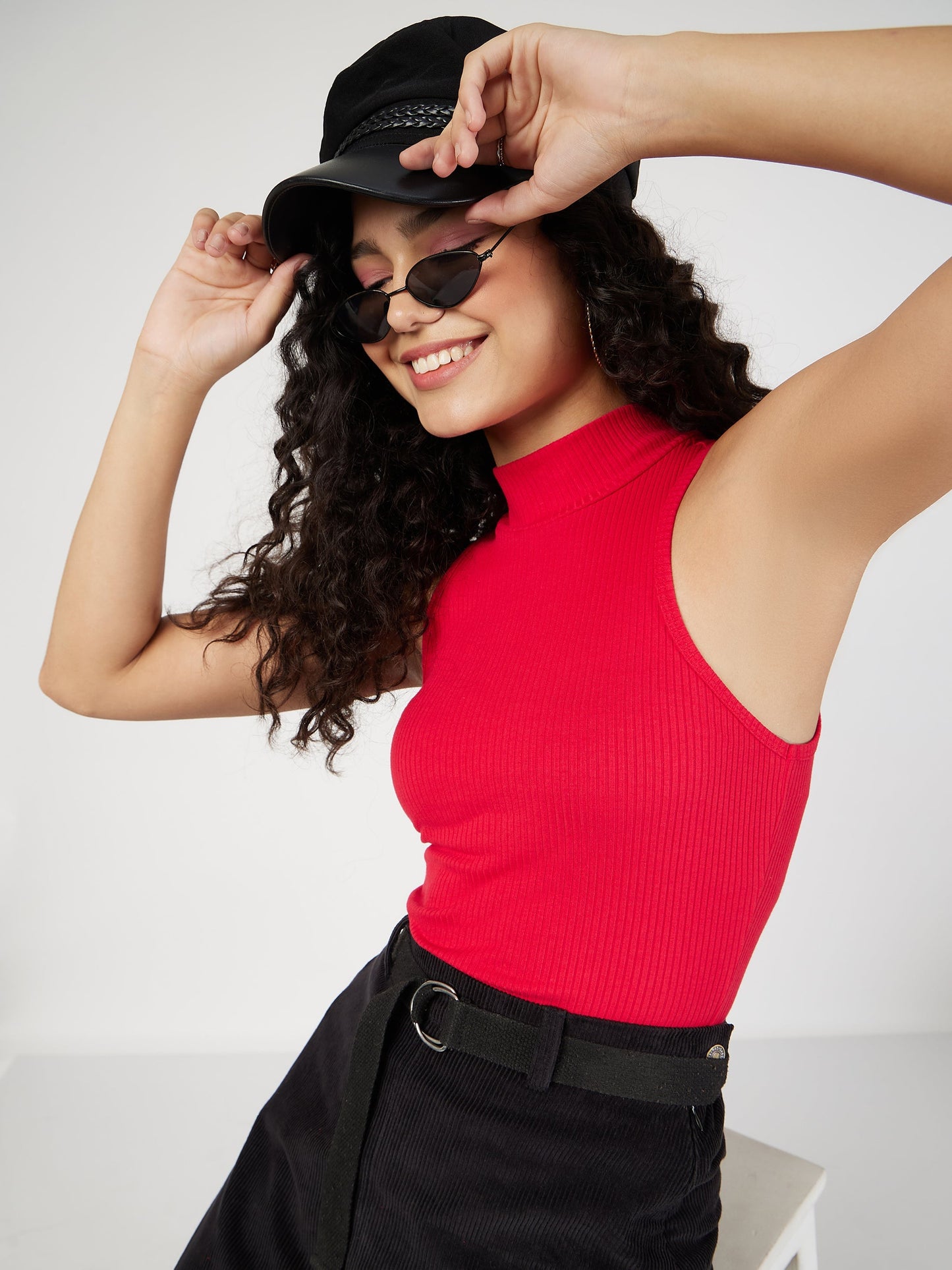 Red Rib Turtle Neck Sleeveless Top