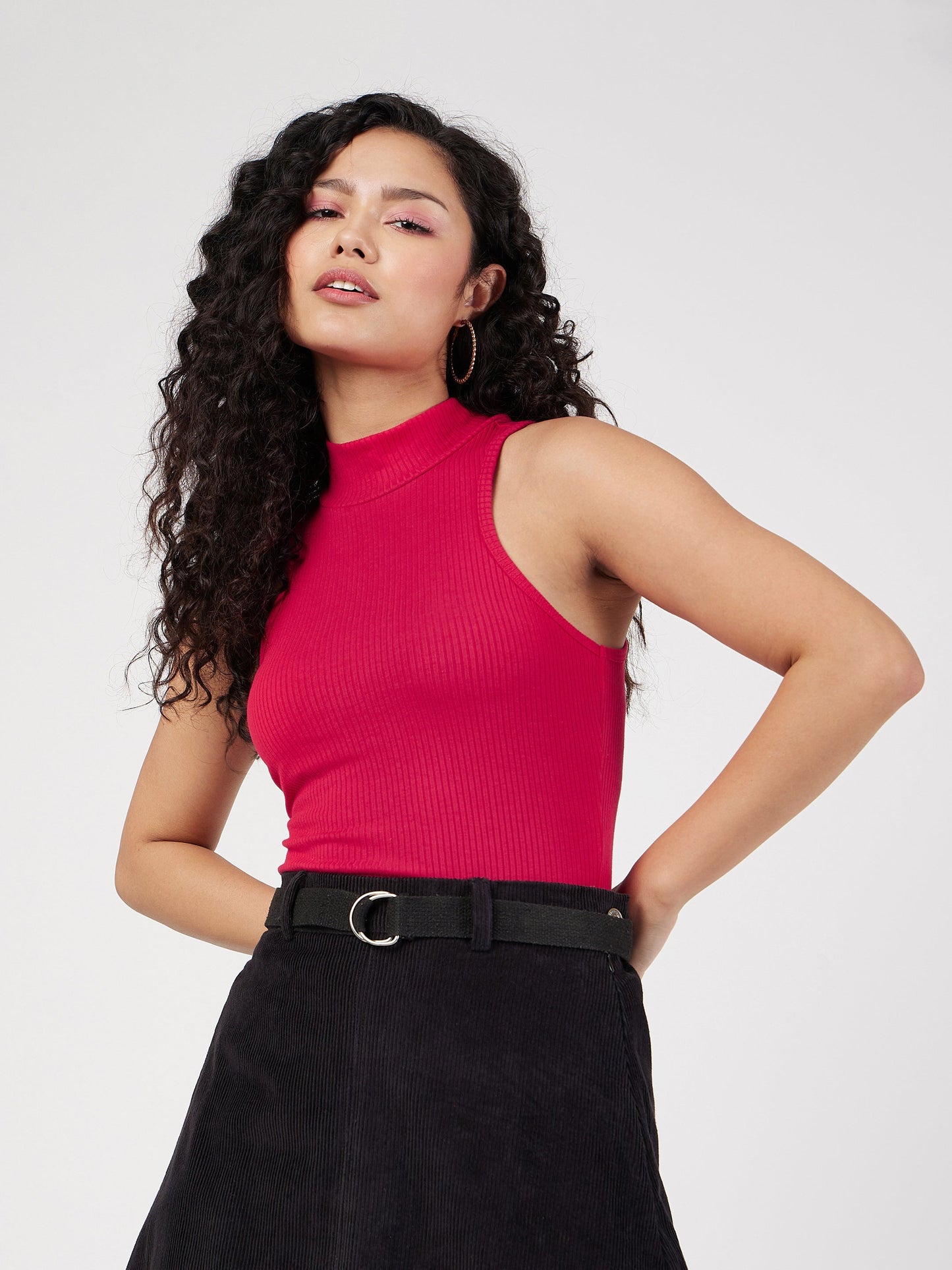 Red Rib Turtle Neck Sleeveless Top