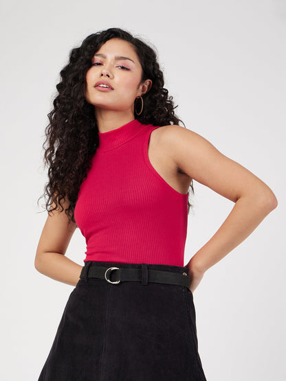 Red Rib Turtle Neck Sleeveless Top