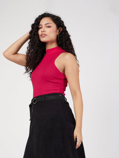 Red Rib Turtle Neck Sleeveless Top