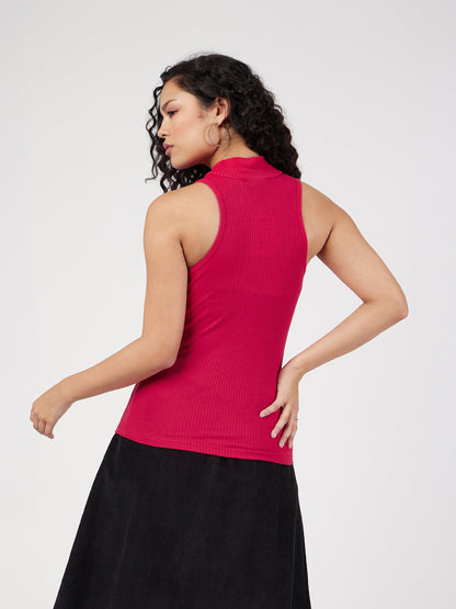 Red Rib Turtle Neck Sleeveless Top