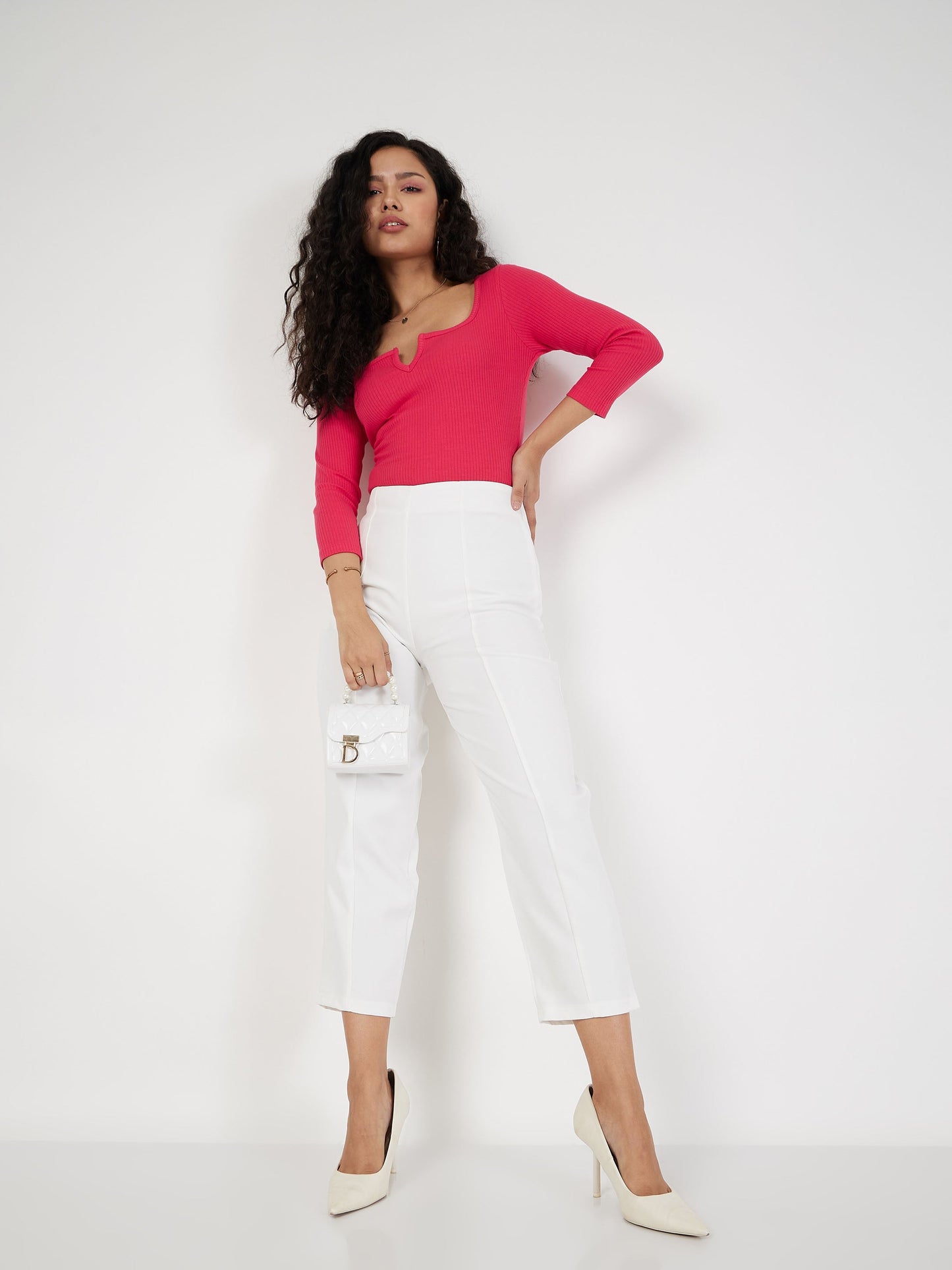 Women Magenta Rib V-Neck Top