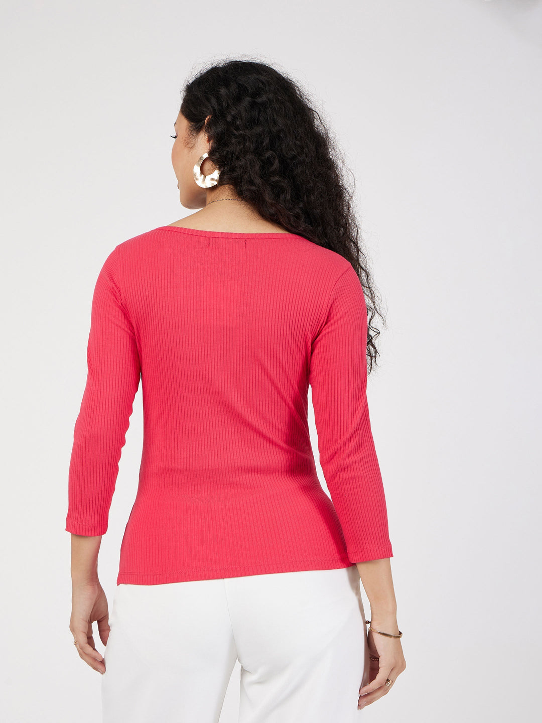 Women Magenta Rib V-Neck Top