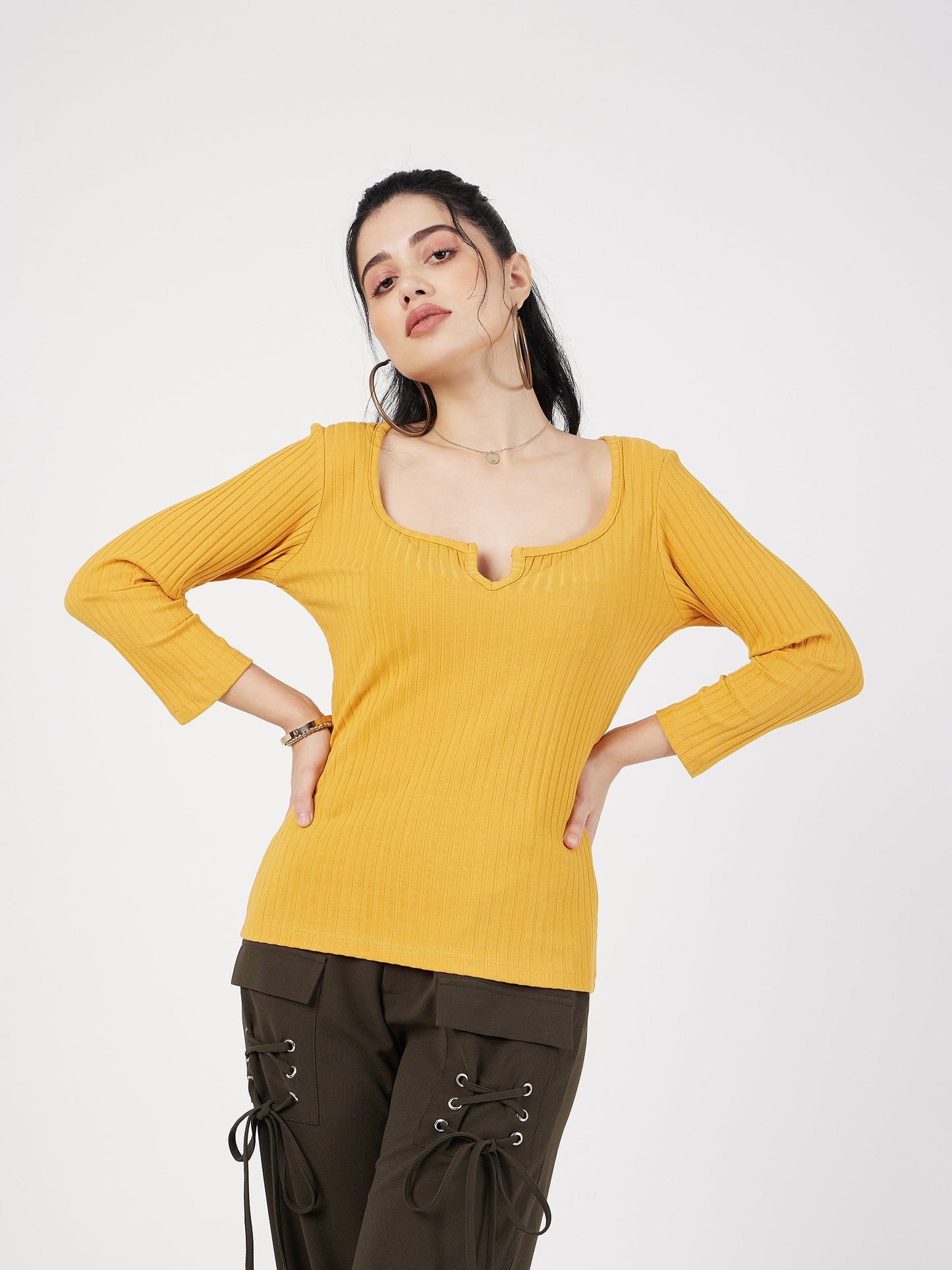 Yellow Rib V-Neck Top
