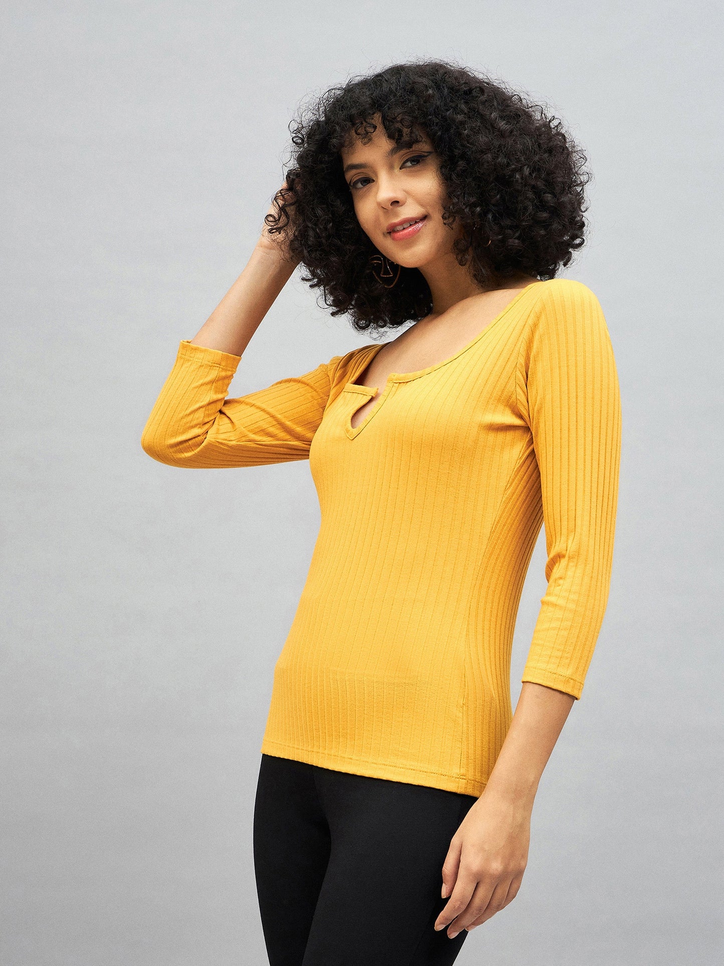 Yellow Rib V-Neck Top