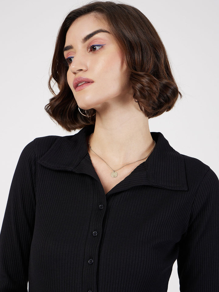 Women Black Rib Polo Neck Full Sleeves Top