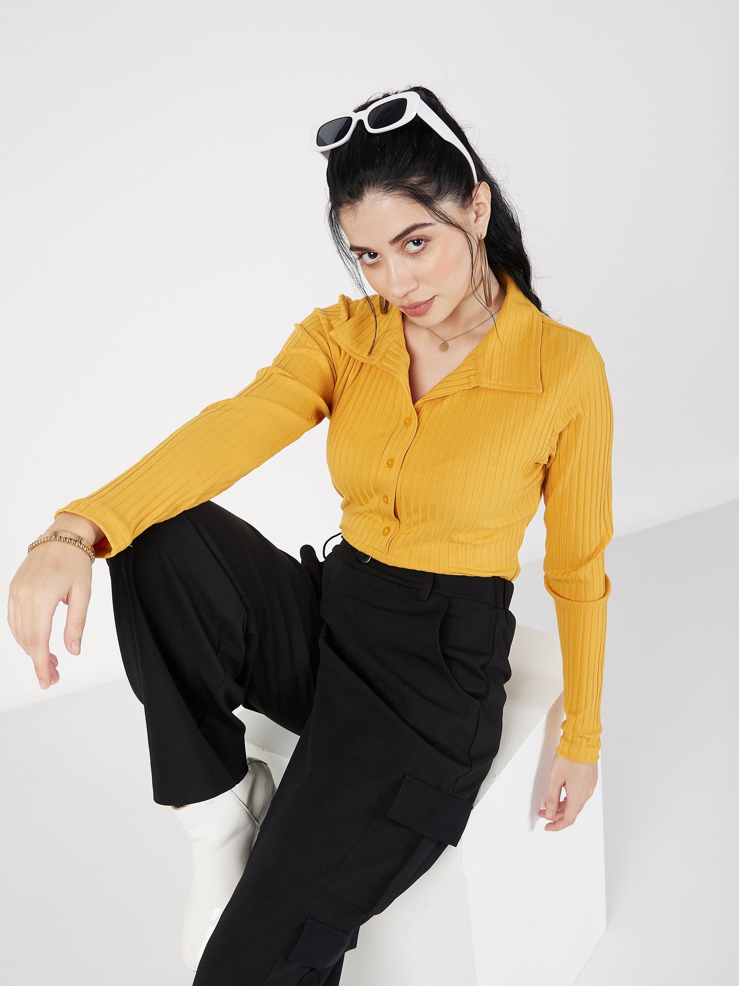 Yellow Rib Polo Neck Full Sleeves Top