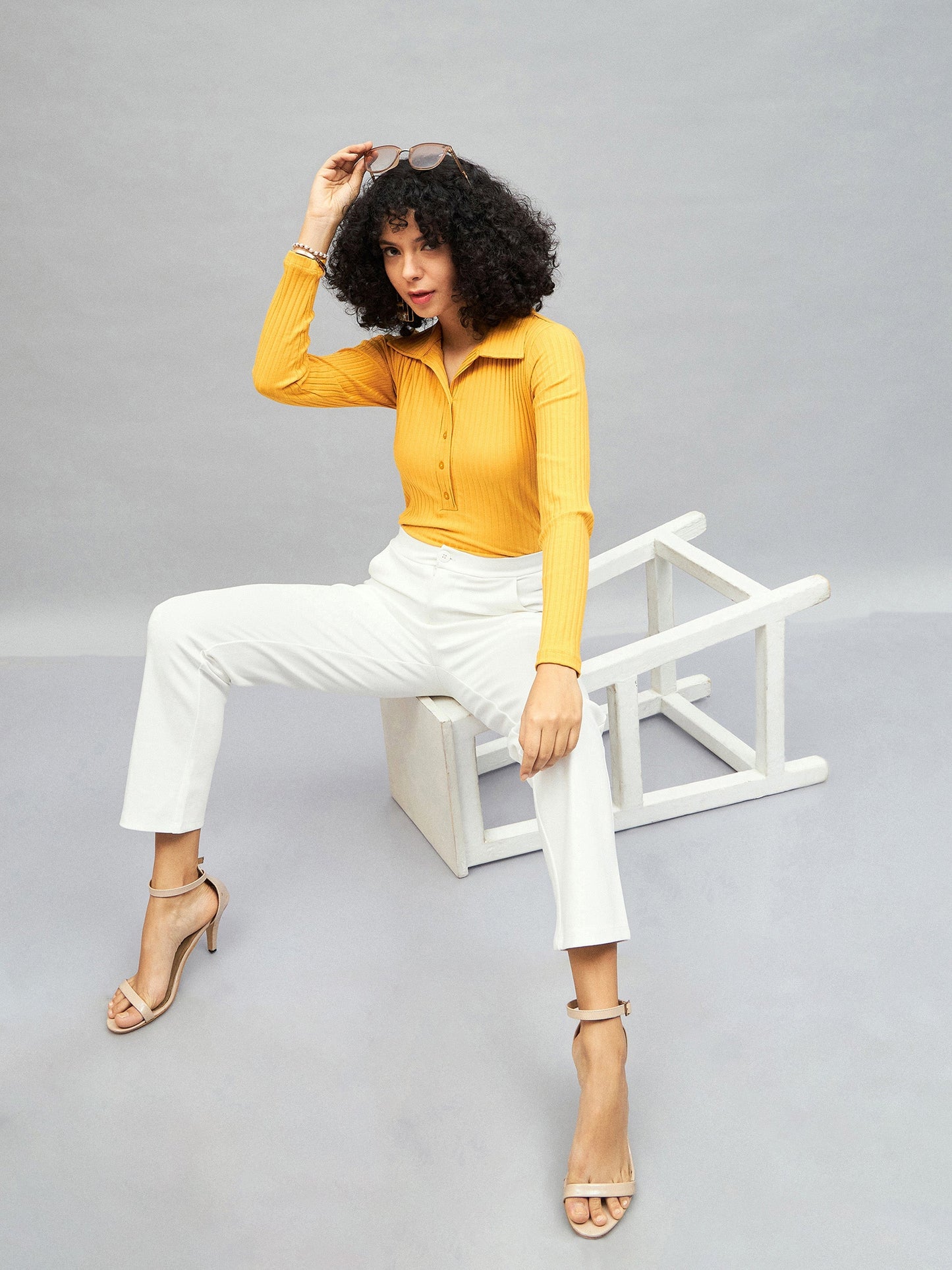 Yellow Rib Polo Neck Full Sleeves Top