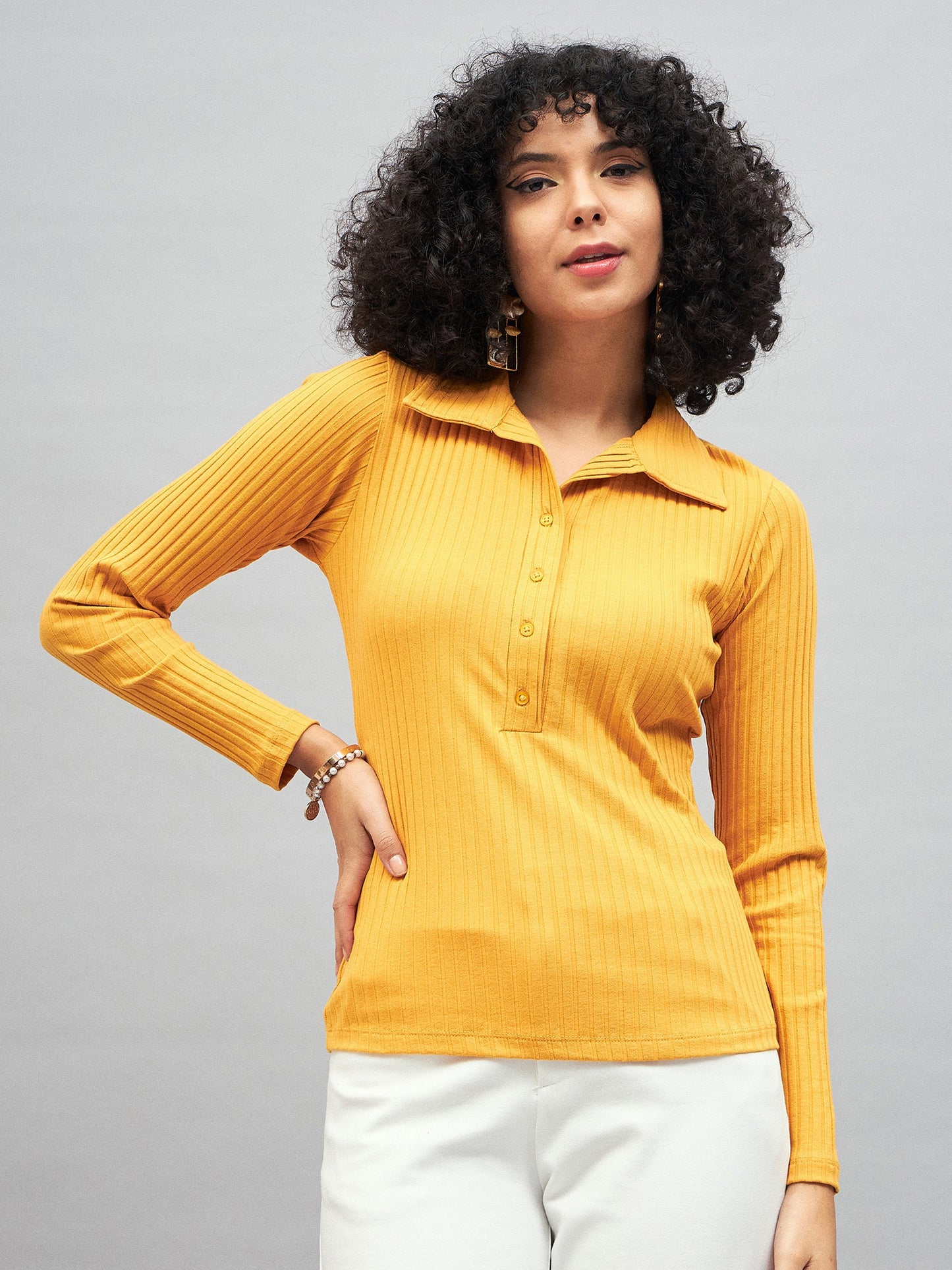 Yellow Rib Polo Neck Full Sleeves Top