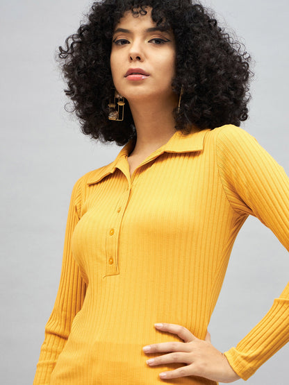 Yellow Rib Polo Neck Full Sleeves Top