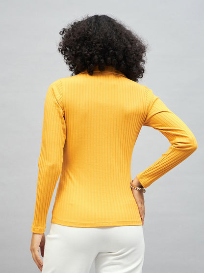 Yellow Rib Polo Neck Full Sleeves Top