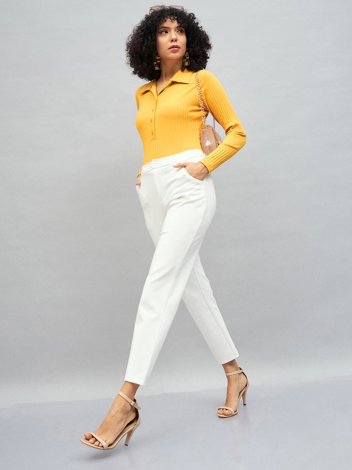 Yellow Rib Polo Neck Full Sleeves Top
