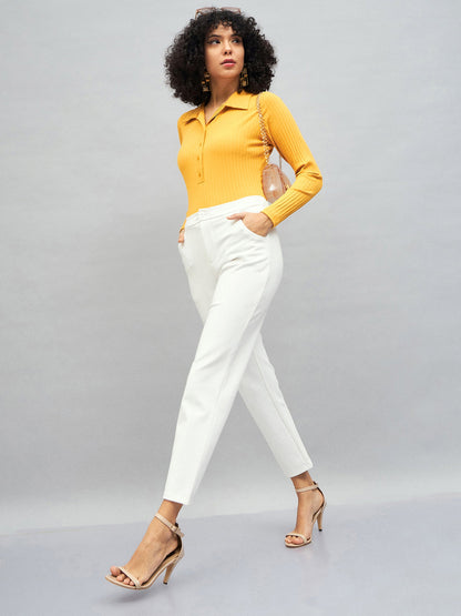 Yellow Rib Polo Neck Full Sleeves Top