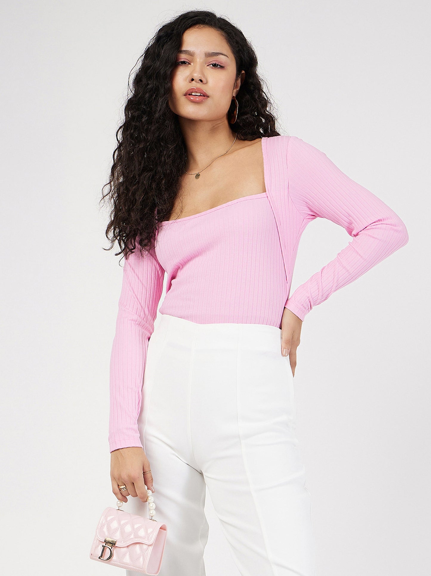 Women Pink Rib Square Neck Full Sleeves Top