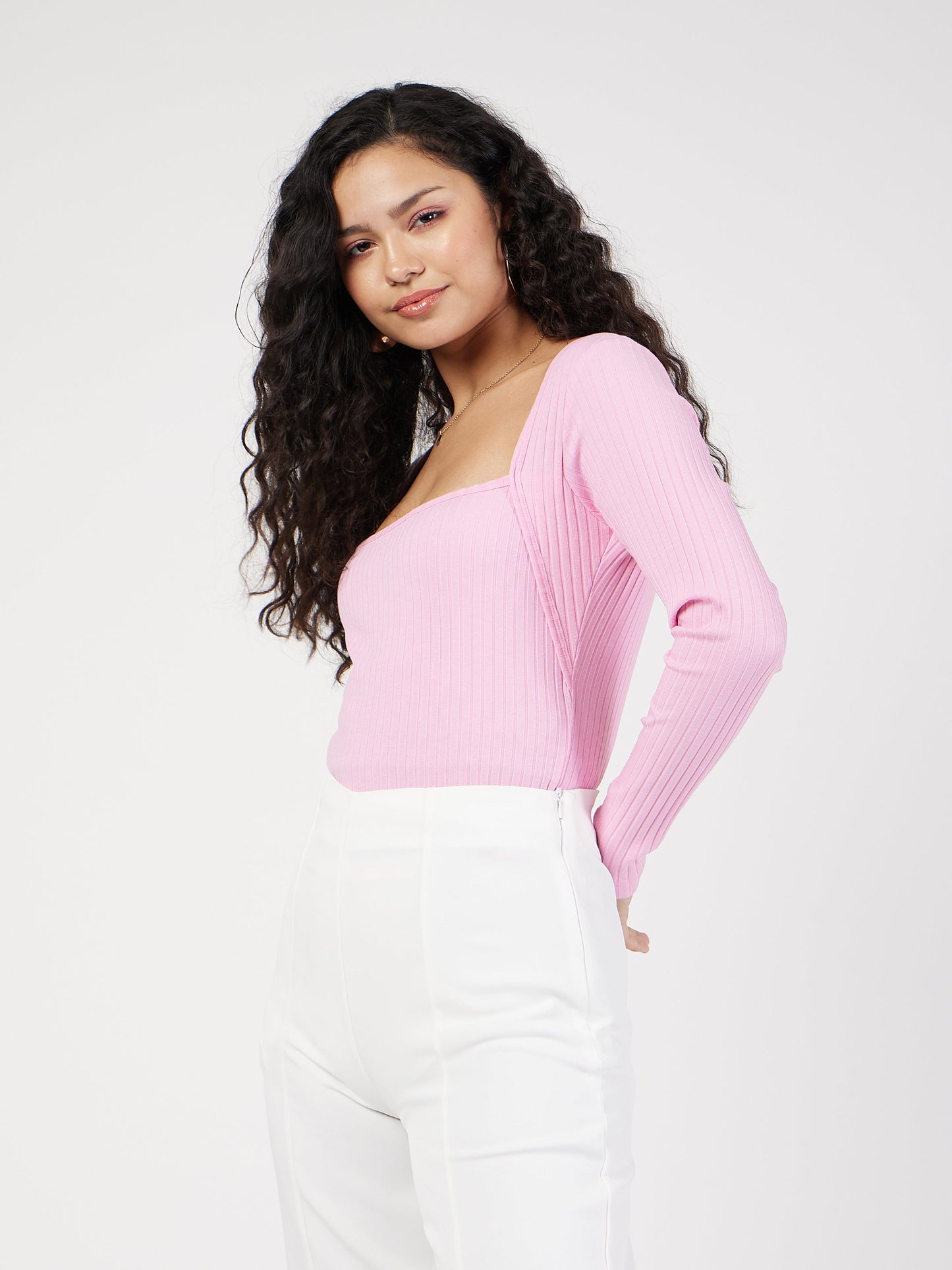 Women Pink Rib Square Neck Full Sleeves Top