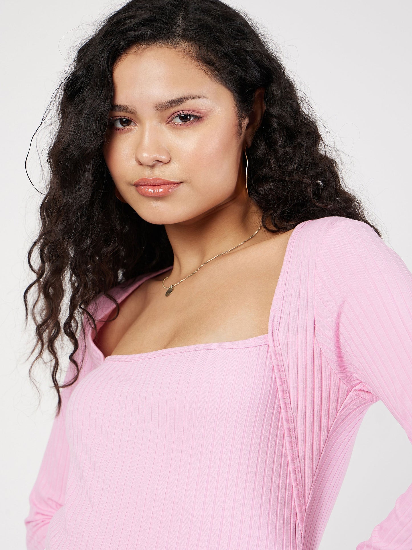 Women Pink Rib Square Neck Full Sleeves Top