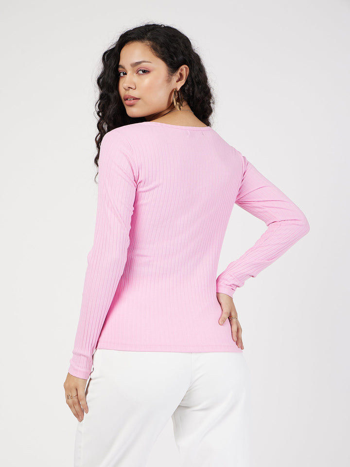 Women Pink Rib Square Neck Full Sleeves Top