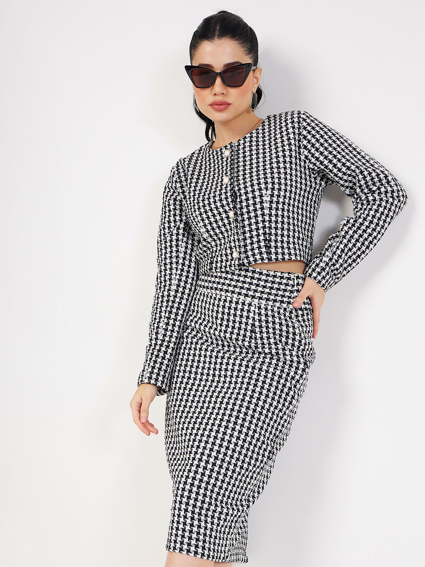 Black Geo Jacquard Tweed Full Sleeves Top