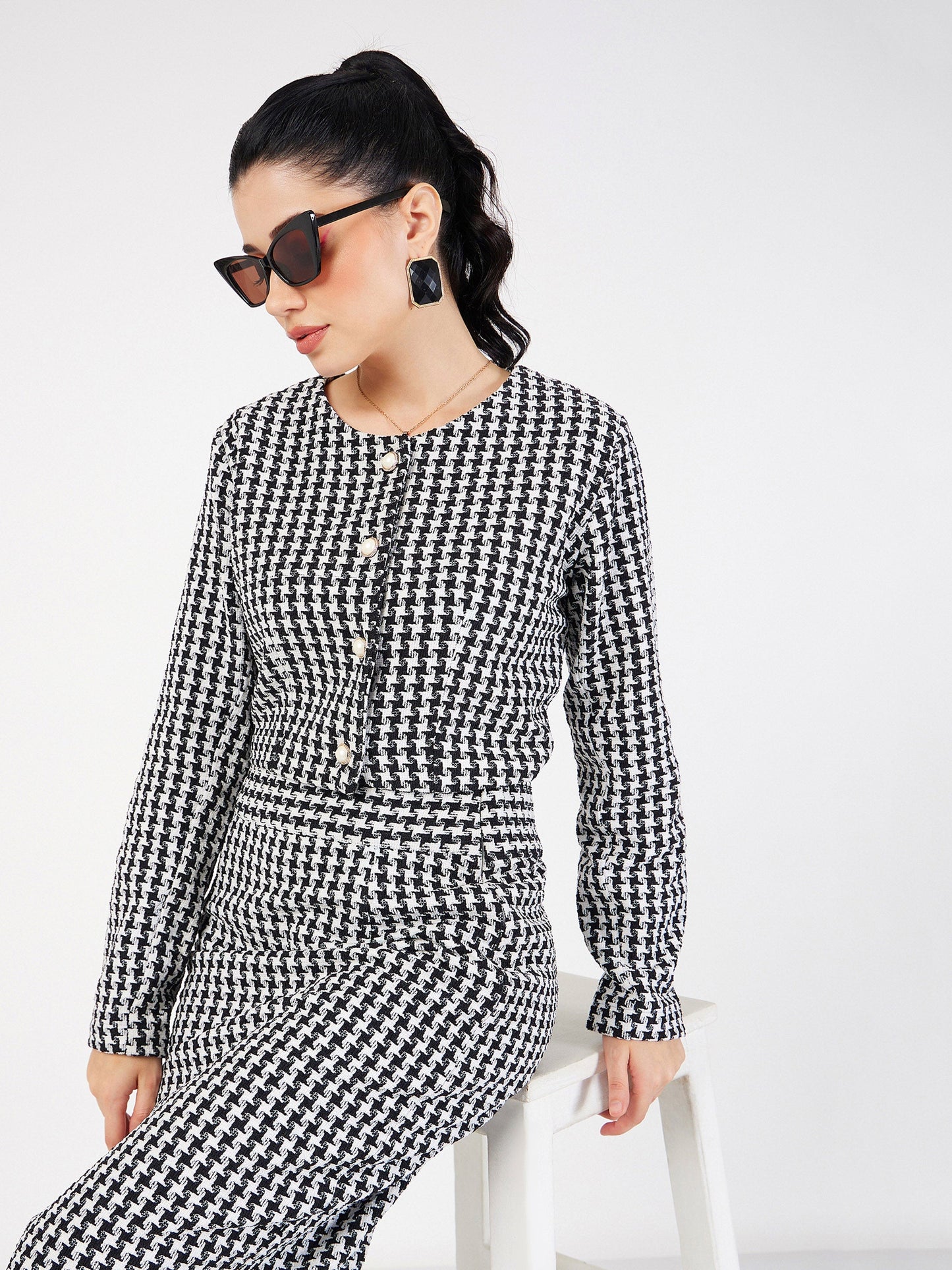 Black Geo Jacquard Tweed Full Sleeves Top