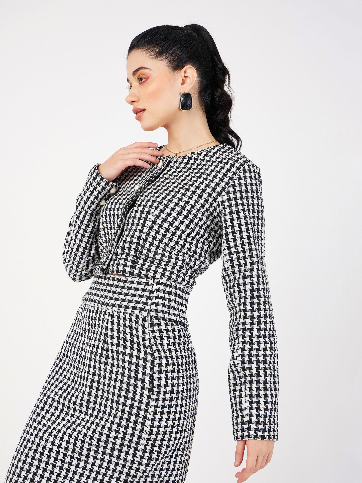 Black Geo Jacquard Tweed Full Sleeves Top