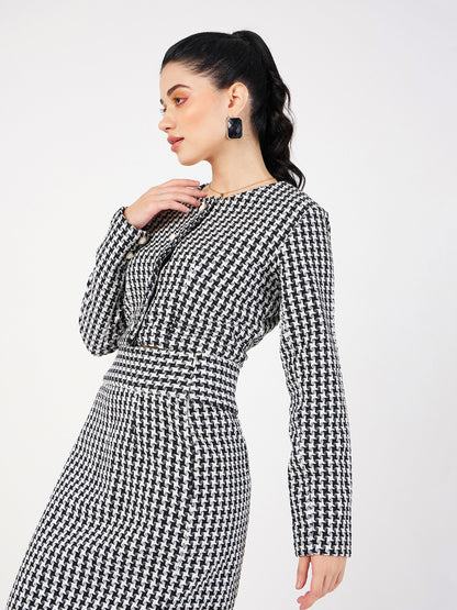 Black Geo Jacquard Tweed Full Sleeves Top