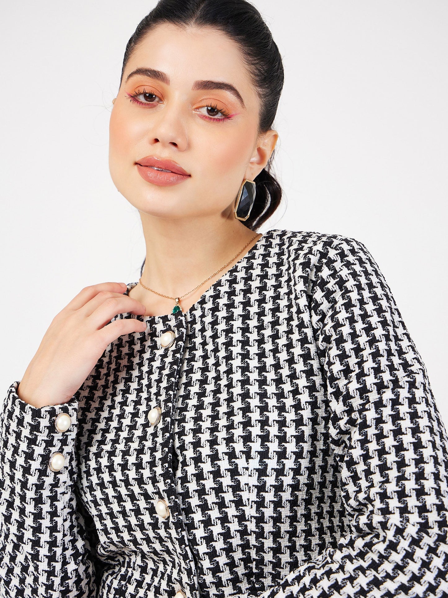 Black Geo Jacquard Tweed Full Sleeves Top