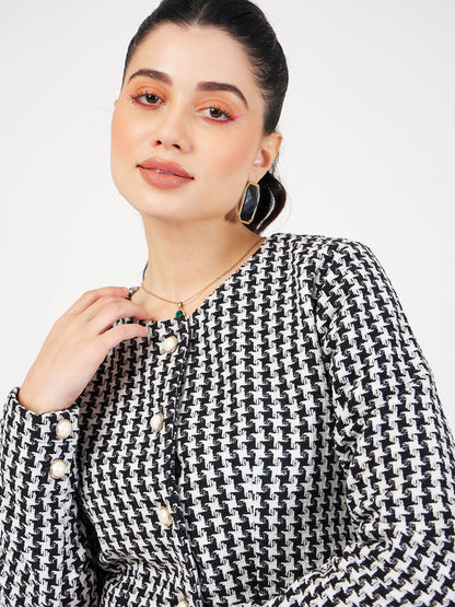 Black Geo Jacquard Tweed Full Sleeves Top