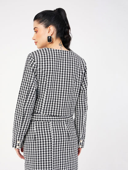 Black Geo Jacquard Tweed Full Sleeves Top