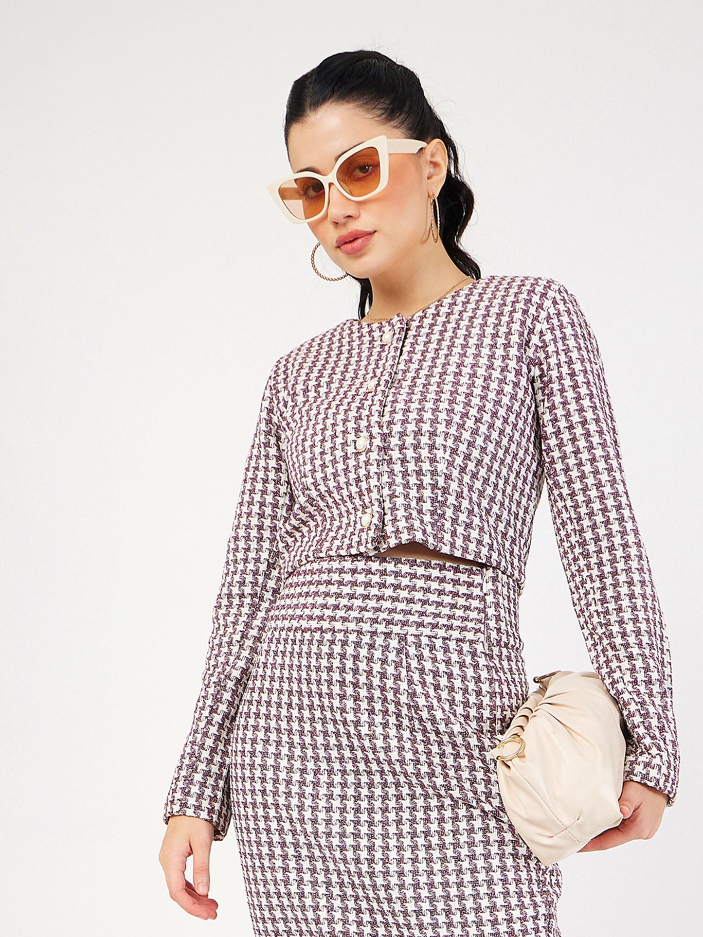 Burgundy Geo Jacquard Tweed Full Sleeves Top