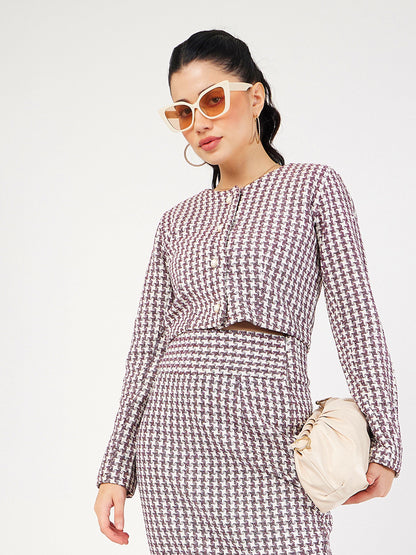 Burgundy Geo Jacquard Tweed Full Sleeves Top