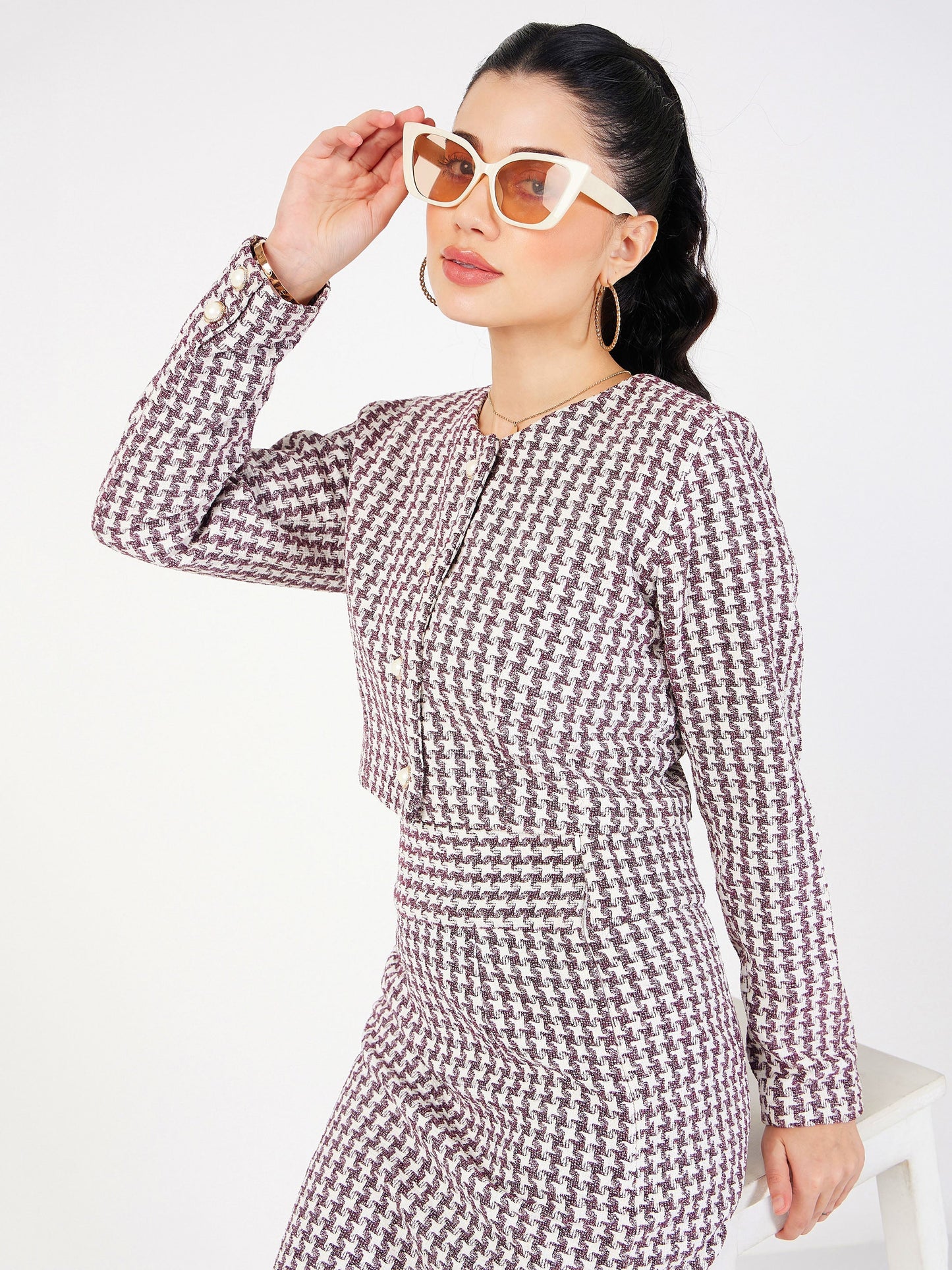 Burgundy Geo Jacquard Tweed Full Sleeves Top