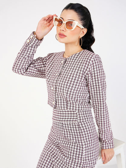 Burgundy Geo Jacquard Tweed Full Sleeves Top