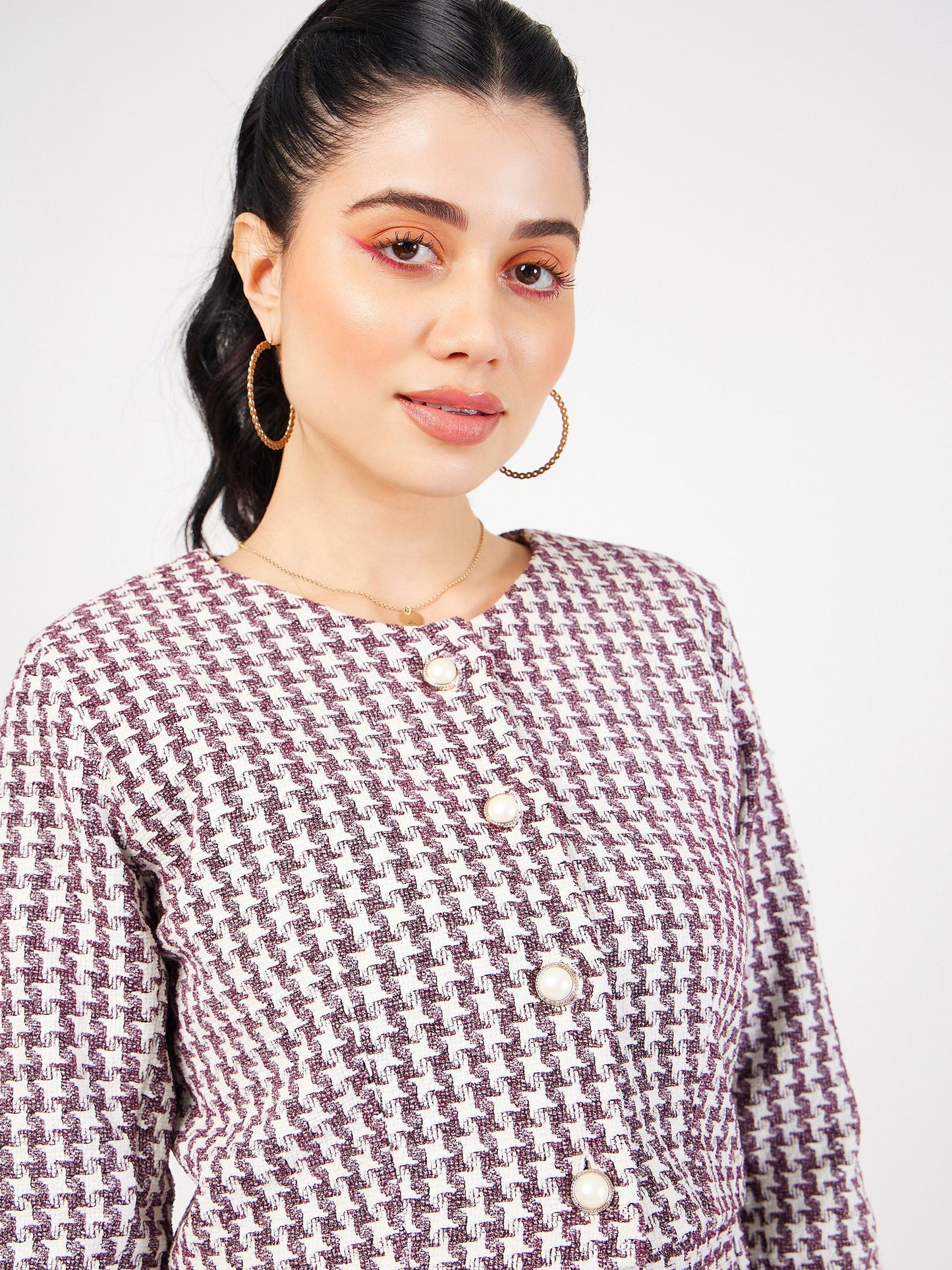 Burgundy Geo Jacquard Tweed Full Sleeves Top