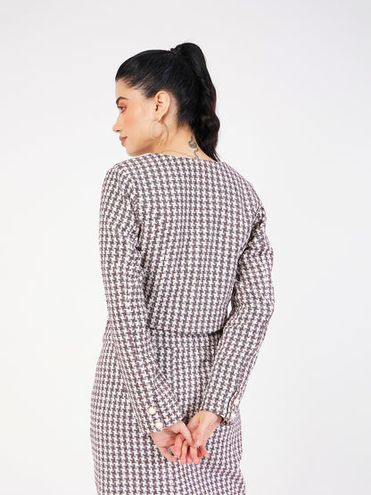 Burgundy Geo Jacquard Tweed Full Sleeves Top